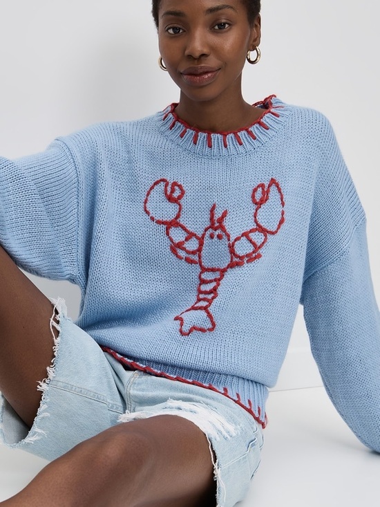 Bailey Rose Sweaters - Bailey Rose Light Blue Lobster Accent Sweater with Red Trim